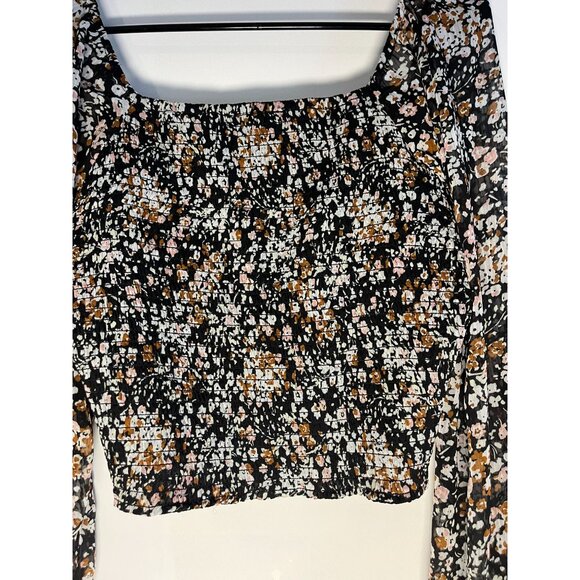 Lulu's Black Puff Sleeve Sheer Floral Blouse Size L Cottagecore Romantic - Picture 2 of 5
